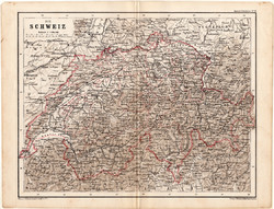 Svájc térkép 1873, eredeti, német nyelvű, iskolai, atlasz, Kozenn, politikai, kanton, országrész