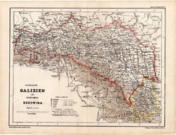 Galícia és Bukovina térkép 1873, eredeti, német nyelvű, iskolai, atlasz, Kozenn, Magyarország