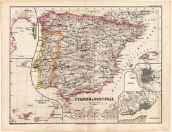 Map of Spain and Portugal 1873, original, German language, school, Atlas Kozenn, south