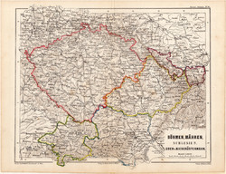 Bohemia, Moravia, Silesia map 1873, original, German language, school atlas, Kozenn, Czech