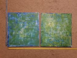 Two abstract, greenish-blue paintings by János Tóth, size indicated!