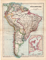 Dél - Amerika térkép 1873, eredeti, német nyelvű, iskolai, atlasz, Kozenn, politikai, Brazília
