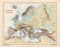 Mountain and hydrographic map of Europe 1873, blind map, original, German, atlas, school, public