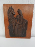 Cavalry says goodbye to his love - bronze picture on wooden board