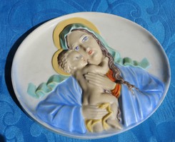 Antik Keramos porcelán falikép: Szent Család - Szűz Mária a Kisdeddel