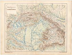 Kárpátok hegy-, és vízrajzi térkép 1873, vaktérkép, eredeti, német, iskolai, Kozenn, Magyarország