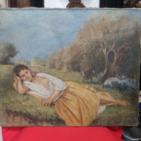 Resting peasant girl nude painting on oil canvas. Indicated.