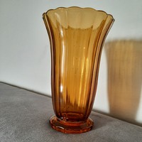Nagy, szép borostyánszinű régi nehéz vastag üveg váza