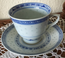 Kínai, rizsszemes porcelán teás csésze tányérjával