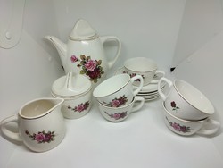 Beautiful old rose-patterned granite coffee set from Kispest for 5 people
