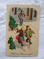 Régi grafikus, karácsonyi képeslap/üdvözlőlap gyerekek, erdő, szánkó Képzőművészeti Kiadó