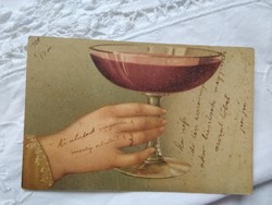 Antik/szecessziós újévi litho/litográfiás képeslap, hölgy keze pezsgőspohárral 1900
