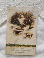 Régi karácsonyi képeslap/üdvözlőlap, havas vízimalom, lóhere 1918