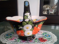 Hand-painted ceramic serving basket with beautiful flowers on a black background!