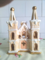 Snowy church for Christmas village with ceramic or porcelain ornament candlestick
