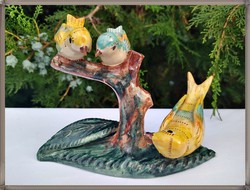 Mária Goszthony - birds resting on a tree branch, handcrafted ceramic sculpture, sculpture, figurine