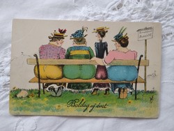 Antik újévi grafikus, humoros képeslap/üdvözlőlap padon ülő hölgyek 'A gyönyörű kilátáshoz'