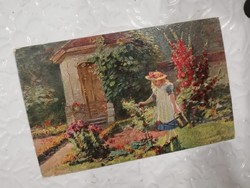 antik képeslap -locsoló kislány