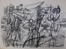 Varga Hajdú István: Emberek és virágok (litográfia)