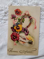 Antique litho / lithographic, French New Year postcard / greeting card, lucky horseshoe, pansy, winter landscape 1931