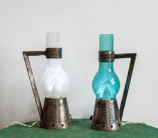Retro Karcagi (Berekfürdői) fátyolüveg lámpa pár - ötvösművész, fémműves iparművész lámpák fátyol