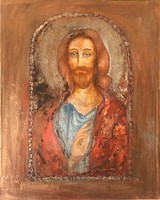 Áldást osztó Jézus. Jesus sharing the ble30x25cm-es kép fatáblán. Károlyfi Zsófia Prima díjas alkotó