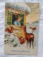 Antik litho/litográfiás, karácsonyi képeslap/üdvözlőlap, kisfiú, őzek, mókusok, cinkék 1931