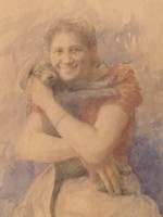 Árpád Basch (1873-1944) - girl with a puppy - original work, from 1 forint, with a guarantee.