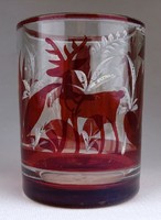 1G898 Antik bíborpácolt Biedermeier üveg pohár 1850 körül 9 cm