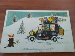 Régi  karácsonyi képeslap, 1960, rajz: Rozs Endre