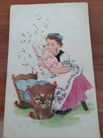 Old postcard, circa 1950-1960, drawing by Anna Győrfi