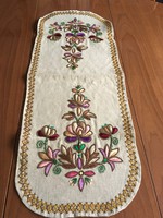 Colorful embroidered beige linen tablecloth
