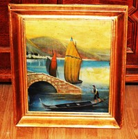 Italian landscape with gondola painting, oil on canvas cardboard, frame: 51 x 44 cm, jn.