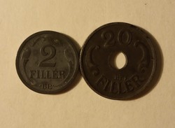 Háború alatti (1940-1944) érmék 2 fillér (1943) 2 db és lyukas 20 fillér (1941) 1 db