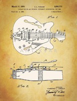 Fender guitar Prints of patent drawings of 1970s classical instruments, rock jazz music