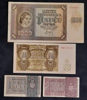 Croatia odds 1,2,10 and 1000 kuna 1941-42.