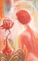 Magyar festő: Nő virággal - vintage festmény, keretezve