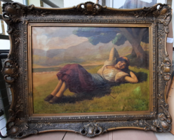 Csalány Béla (1879-1948): Heverésző lány a mezőn (olaj, vászon, 60x80, áttört blondel) életkép