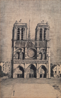 Notre-dame custom pen drawing - 44x32 cm frame - unidentified (Paris Cathedral, street view)