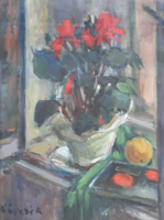KÖVESI ALBI: Virágcsokor gyümölccsel  (olaj vászon, jelzett, 56x45 cm) Bernáth Aurél tanítványa