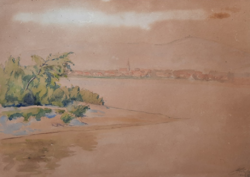 Dunakanyar? akvarell 1949-ből, azonosítatlan jelzéssel - vizes tájkép, panoráma