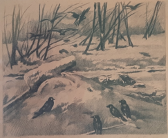 Crows and dead (lithograph, unidentified mark, 36x51 cm) tragedy, war, Galicia?