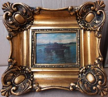 Gőzhajó - miniatűr olajfestmény szép keretben (kartonon, 24x27 cm) tenger, hajózás