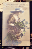 Antik karácsonyi képeslap hölgy magyallal
