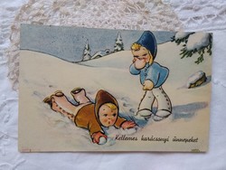 Old graphic, Italian Christmas postcard / greeting card, snowball kids, snowy landscape, 1947