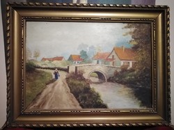 Village life oil painting, signed