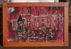 Metropolitan street with tower and church roofs - painting, framed