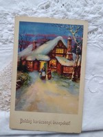 Régi német, grafikus, karácsonyi képeslap/üdvözlőlap, havas ház, 1930 körüli