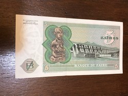 5 Zaires paper money, zaire.1977. 11.24.