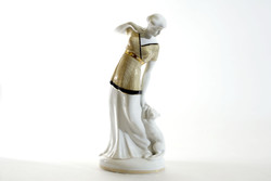 1910. Pirkenhammer Szecessziós Női Figura Játszó Macskával F&M Porcelán Hölgy Aranyban Nő Lány Cica